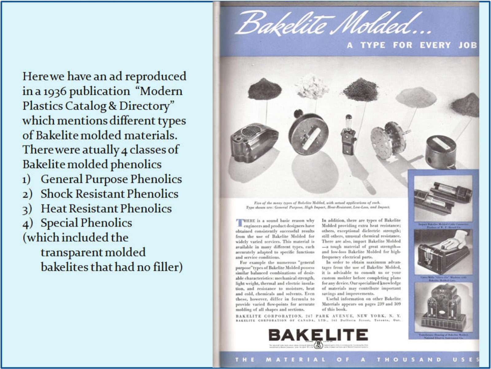1936 advertisement from Modern Plastics Catalog & Directory showing four classes of Bakelite phenolic molding compounds — General Purpose, Shock Resistant, Heat Resistant, and Special Phenolics